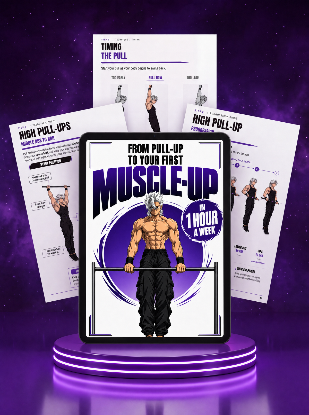 From Pull-Up to Your First Muscle-Up in 1 Hour a Week — ebook cover and sample pages